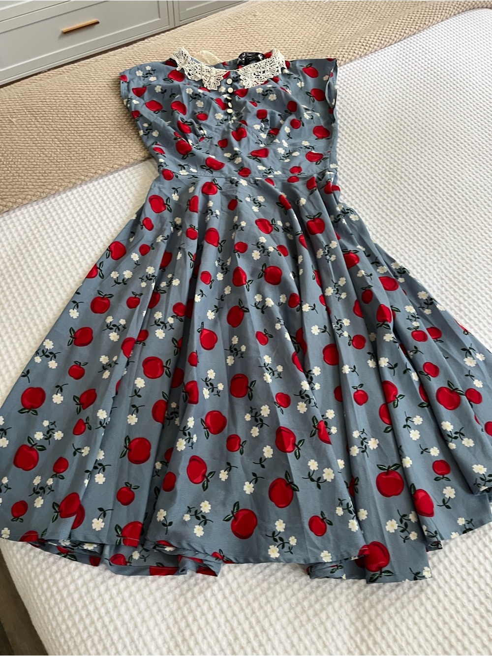 Hell Bunny Blue Apple Print Midi Dress with Crochet Collar